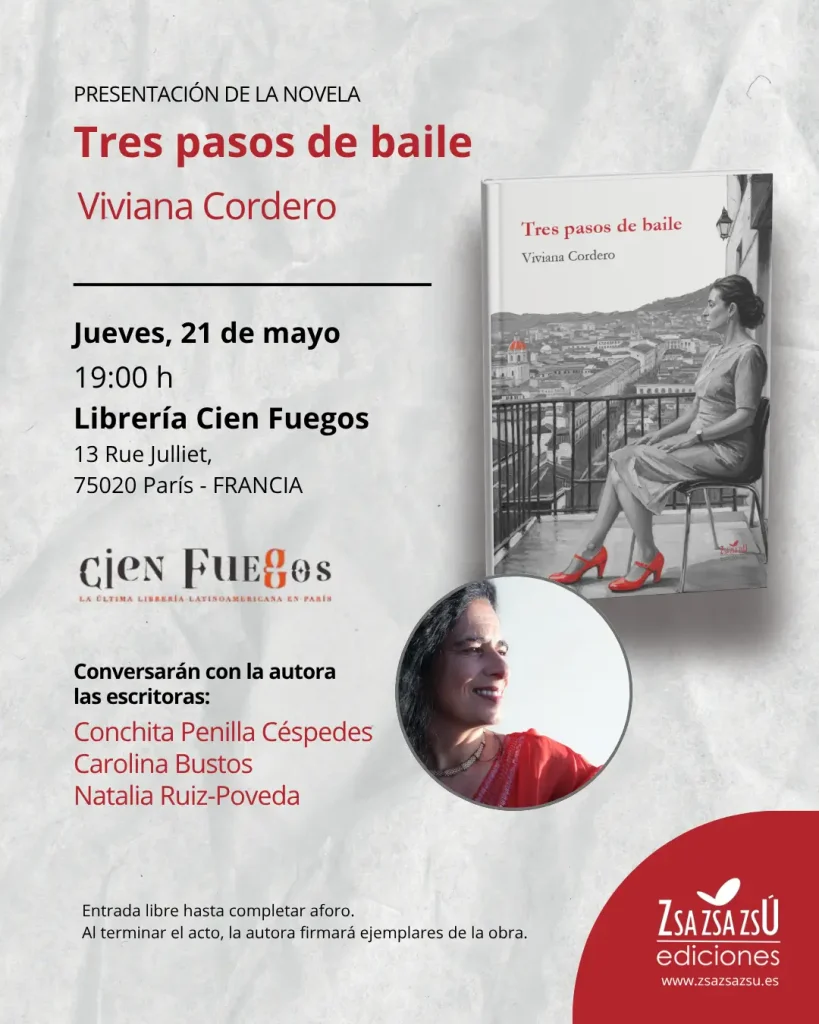 Cartel de la presentación de la novela "Tres pasos de baile" de Viviana Cordero en París